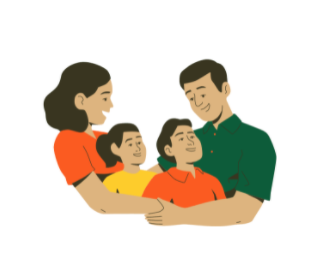 Two adults hugging two children